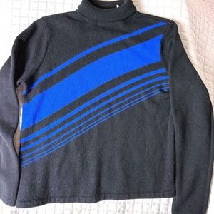 Vintage Apostrophe Wool Blend Sweater Black Blue Stripe Turtleneck‎ 80s 90s L